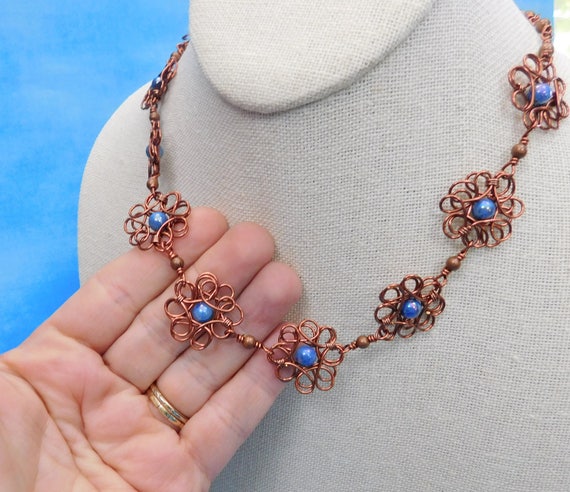 Copper Flower Necklace Wearable Art, Artisan Crafted Sculpted Wire Wrapped Jewelry, One of a Kind Artistic 7th Anniversary Gift for Wife