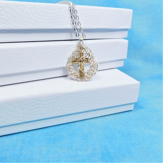 Wire Wrapped Christian Cross Necklace, Inspirational Womens Pendant, Religious Spiritual Jewelry, Artisan Crafted Remembrance Gift for Her