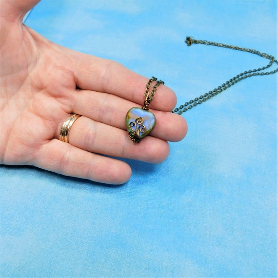 Rustic Copper Wire Wrapped Heart Necklace, Small Blue Heart Pendant, Jewelry Birthday Present or 7th Anniversary Gift for Wife or Girlfriend