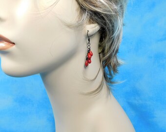 Red Coral Earrings, Unique Handcrafted Teardrop Cluster Dangles, Artisan Crafted Jewelry Birthday Present or Anniversary Gift for Wife