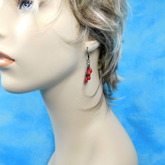 Red Coral Earrings, Unique Handcrafted Teardrop Cluster Dangles, Artisan Crafted Jewelry Birthday Present or Anniversary Gift for Wife