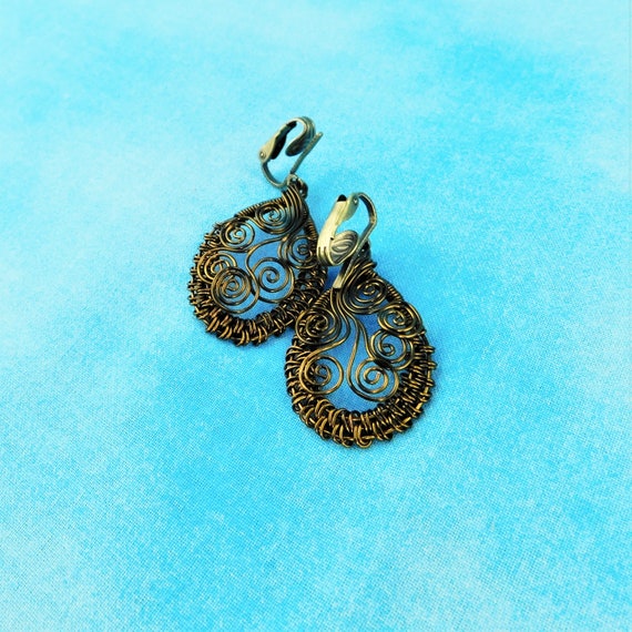 Woven Wire Non Pierced Earrings, Artisan Crafted Jewelry Anniversary Gift for Wife, Handcrafted Clip-on Dangles, Artistic Birthday Present