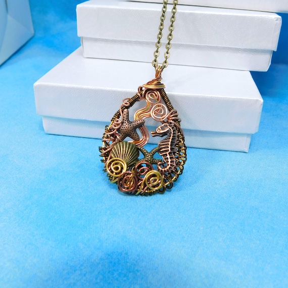 Artistic Seahorse Pendant, Copper Wire Wrapped Ocean Theme Necklace, Beach Lover Jewelry 7th Anniversary Gift for Wife or Best Friend Gift