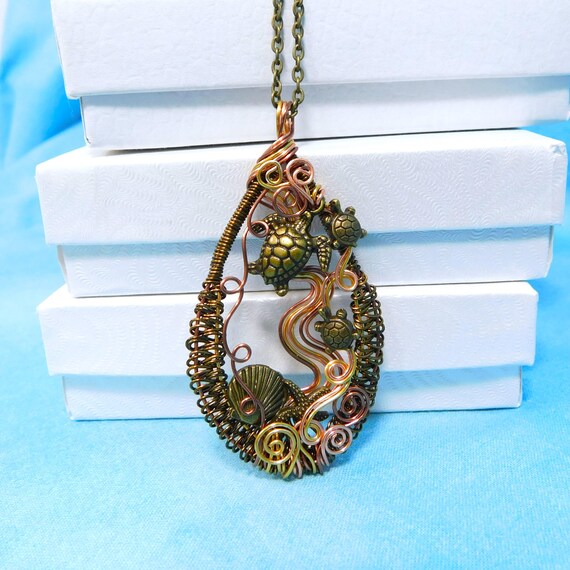 Woven Copper Sea Turtle Necklace, Artistic Wire Wrapped Sea Turtle with Babies Pendant, Ocean Beach Marine Life Theme Wearable Art Jewelry