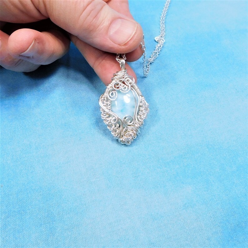 Woven Wire Wrapped Larimar Pendant Gemstone Necklace Artisan Etsy