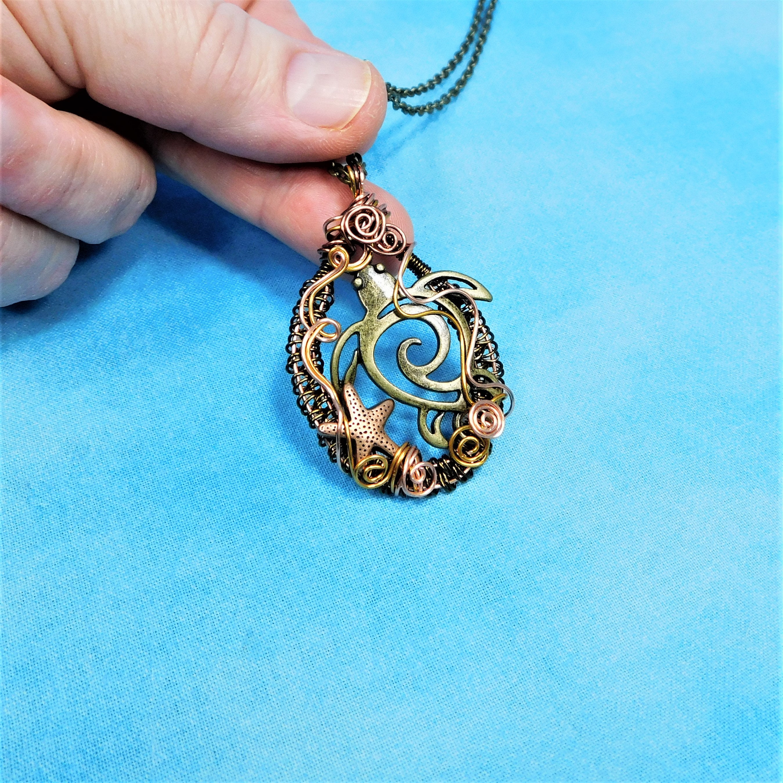 Woven Copper Sea Turtle Necklace, Artistic Handmade Wire Wrapped