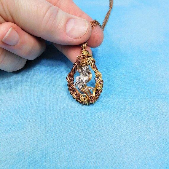 Artistic Koi Fish Necklace, Woven Copper Wire Wrapped Good Luck Pendant, Wearable Art Jewelry Present for Good Fortune