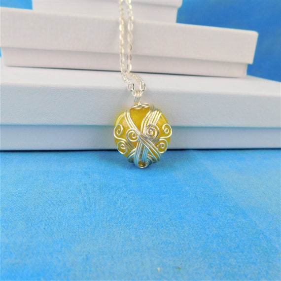 Bright Yellow Pendant, Artistic Wire Wrapped Necklace One of a Kind Wearable Art Jewelry Anniversary Gift or Birthday Present for Women