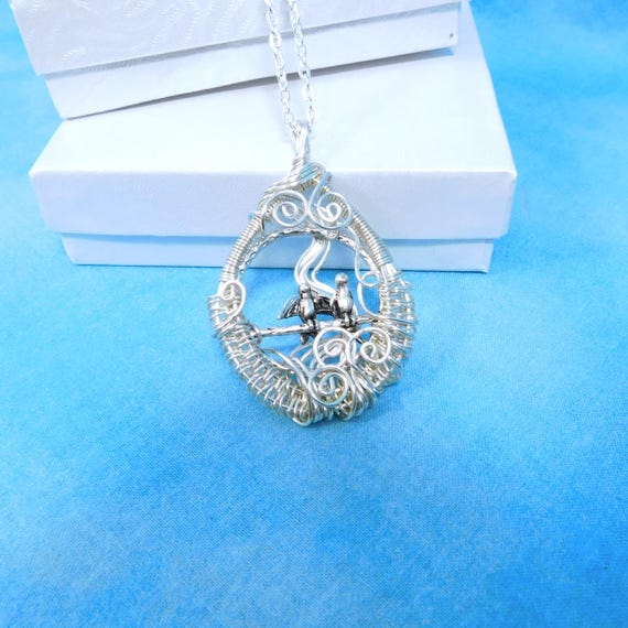 Two Birds on a Limb Necklace Bird Theme Jewelry, Artistic Romantic Lovebirds Pendant Anniversary or Mother's Day Gift for Wife or Girlfriend