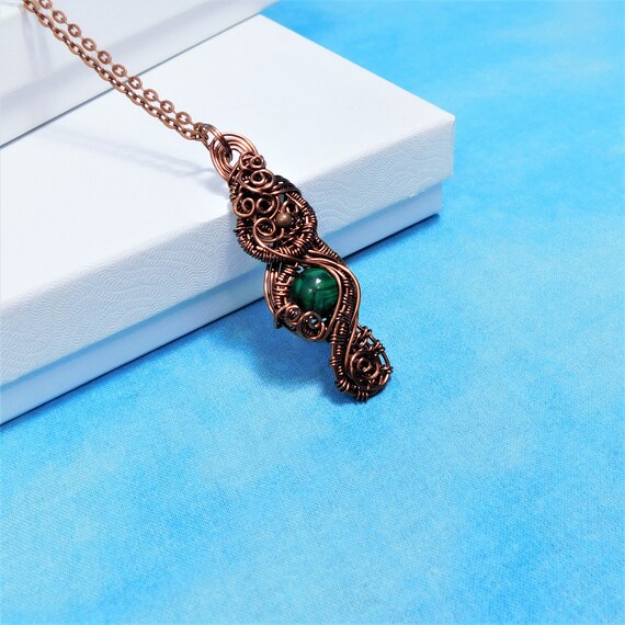 Unique Wire Wrapped Malachite Necklace, Artistic Gemstone Jewelry, Unisex Stone Malachite Pendant Birthday Present Ideas for Women or Men