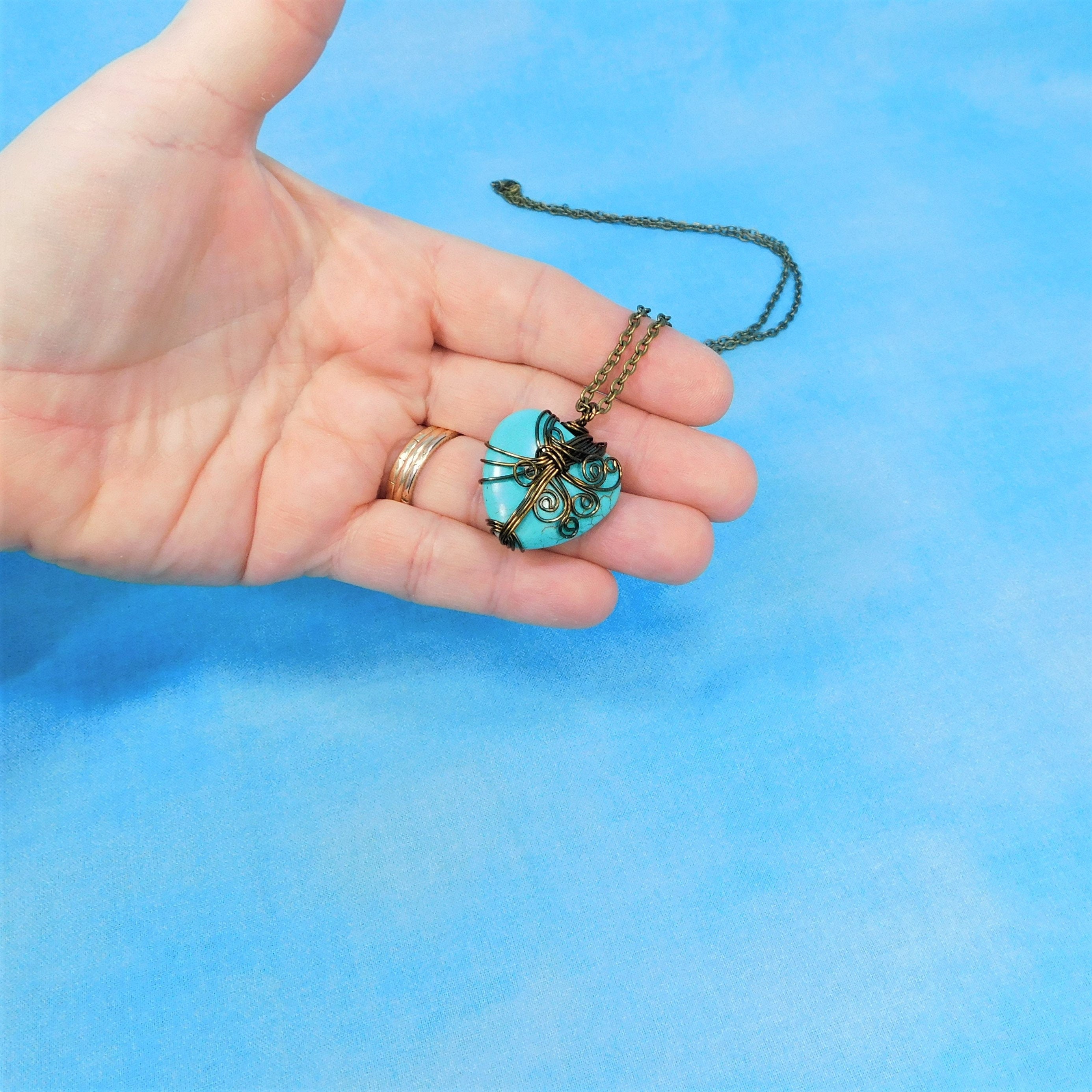 Large Wire Wrapped Gemstone Heart Pendant Handmade Wearable Art Jewelry for Women Unique Artisan Crafted Turquoise Blue Stone Necklace