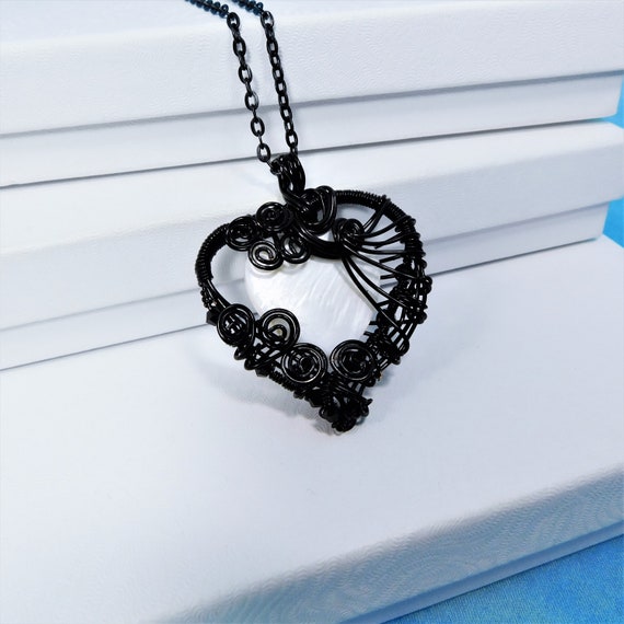 Woven and Sculpted Black Wire Heart Pendant, Artisan Crafted Mother of Pearl Heart Necklace, Wearable Art Jewelry Anniversary Gift for Wife