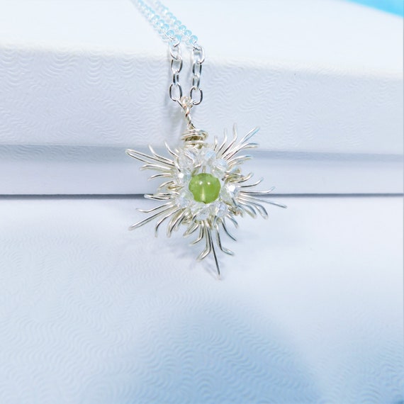 Small Wire Wrapped Peridot Flower Pendant Necklace for August Birthday Present for Wife or Girlfriend, August Birthstone Best Friend Gift