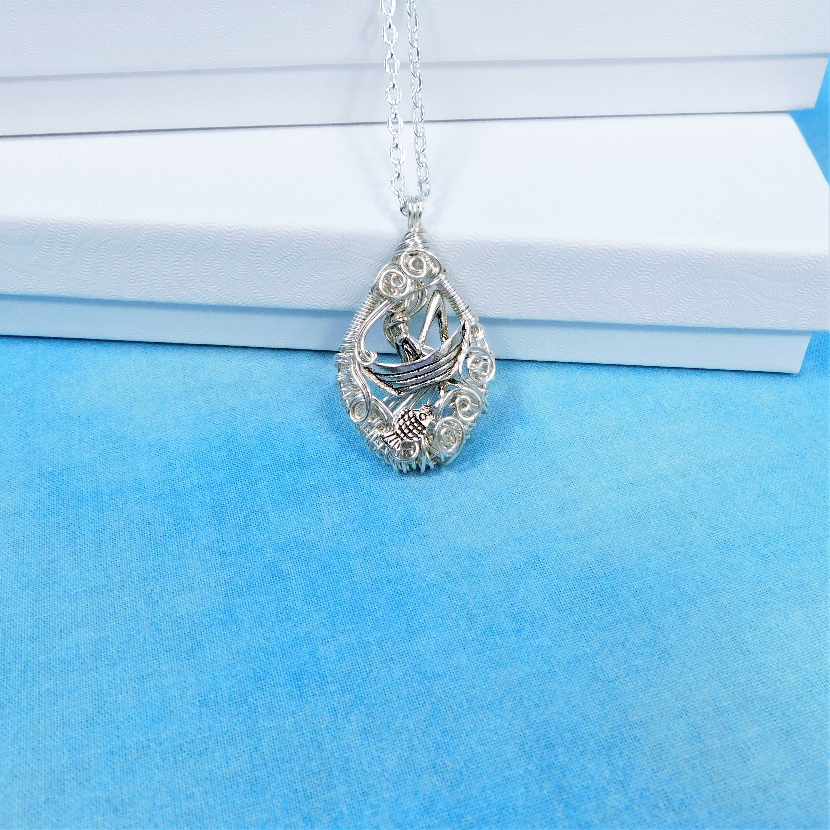 Unique Fishing Theme Necklace, Wire Wrapped Beach Jewelry, Handmade