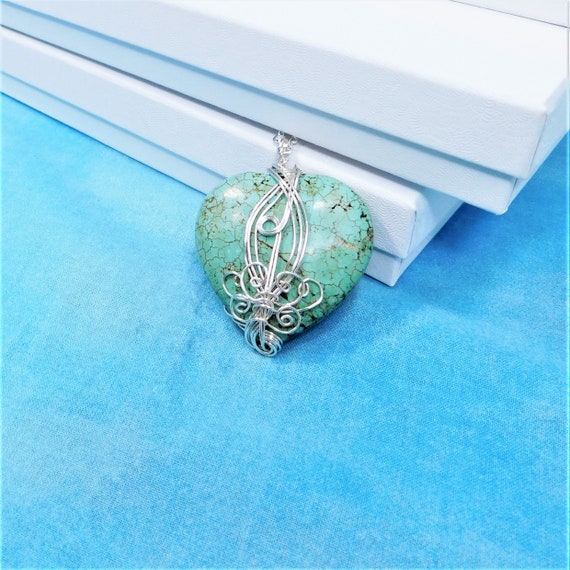 Large Wire Wrapped Gemstone Heart Pendant, Unique Artisan Crafted Turquoise Blue Stone Necklace, Handmade Wearable Art Jewelry for Women