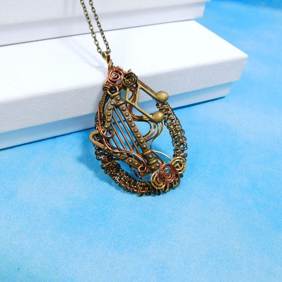 Harp Jewelry Musician Necklace, Unique Artisan Crafted Musical Theme Wearable Art Pendant, Music Teacher Harpist Present for Women