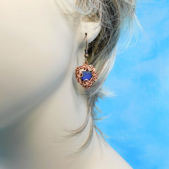 Handmade Copper Wire Wrapped Lapis Lazuli Earrings, Blue Gemstone Heart Dangles, Unique Wearable Art Pierced Earrings