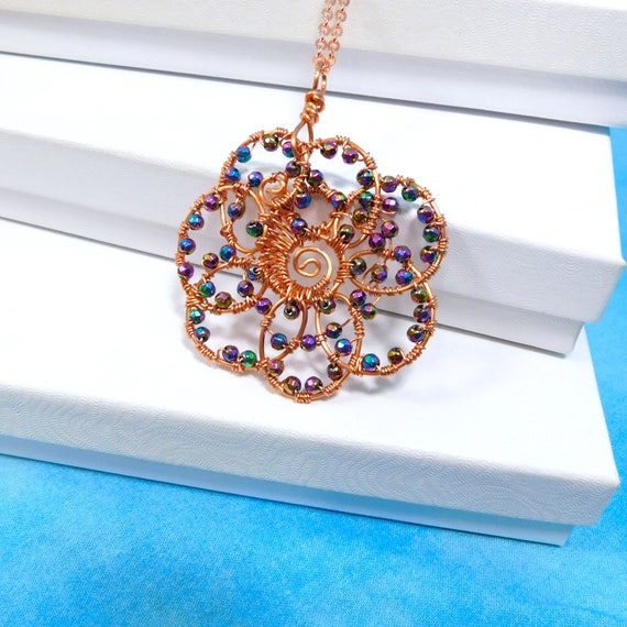 Copper Flower Necklace, Artisan Crafted Flower Jewelry, Simple Sculpted Wire Art Pendant, One of a Kind Artistic Copper Wire Jewelry