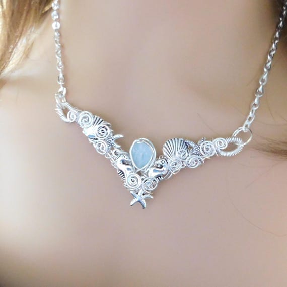 Wire Wrapped Aquamarine Pendant, Artistic March Birthstone Necklace, Gemstone Ocean Theme Wearable Art with Seahorse, Seashells and Starfish