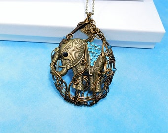 Very Large Copper Wire Wrapped Elephant Necklace, Artisan Handmade Jewelry, Zoo Animal Theme Pendant Birthday or Anniversary Present for Mom