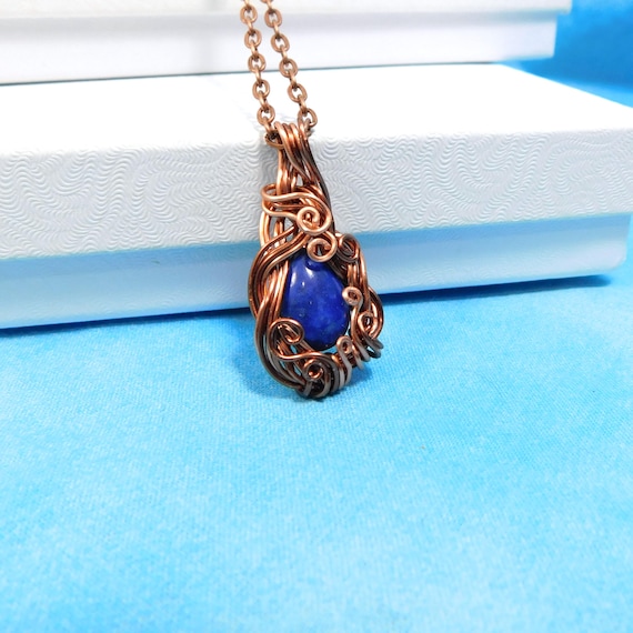 Lapis Lazuli Pendant, Copper Wire Wrapped Artistic Gemstone Necklace Unique 9th Anniversary Gift Jewelry for Wife or Girlfriend