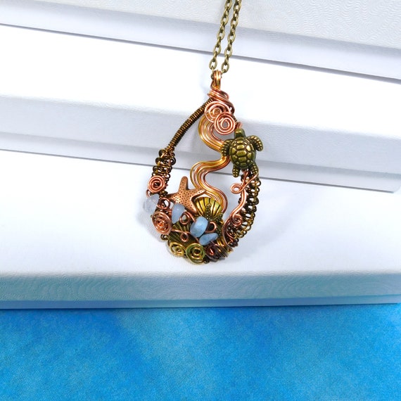 Woven Copper Sea Turtle Necklace with Aquamarine, March Birthstone Turtle Pendant, Ocean Theme Jewelry for Birthday or Christmas Present