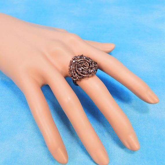 Beaded Spiral Woven Wire Ring, Size Six Dark Copper Wire Ring Woven with Crystals, Unique Wire Wrapped Jewelry for Women