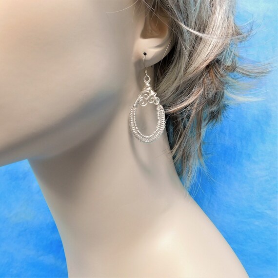 Artistic Woven Wire Silver Loop Dangle Earrings, Artisan Crafted Wire Wrapped Jewelry, Unique Birthday Present for Wife or Best Friend Gift