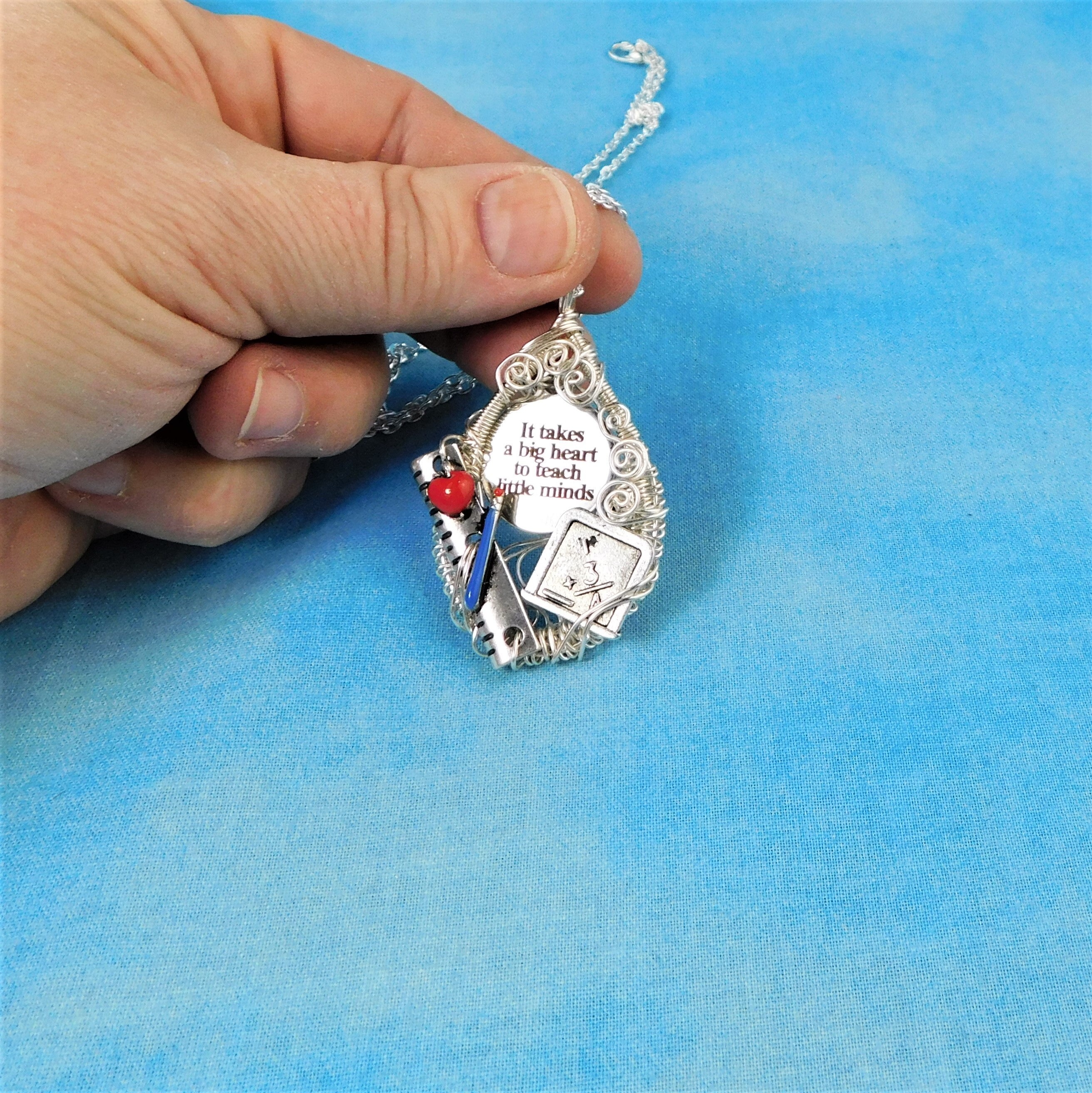 Teacher Retirement Gift Necklace School Theme Pendant, Wire Wrapped