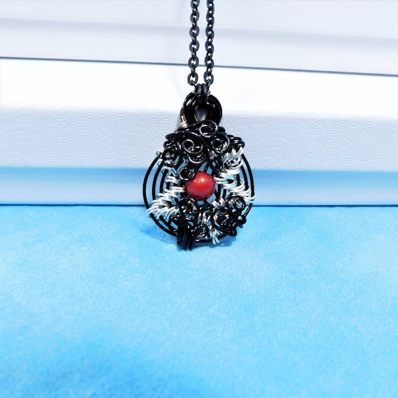 Woven Wire Wrapped Artistic Red Coral Gemstone Pendant Necklace, Unique Wearable Art Gift for Women, Wife, Girlfriend, or Mother