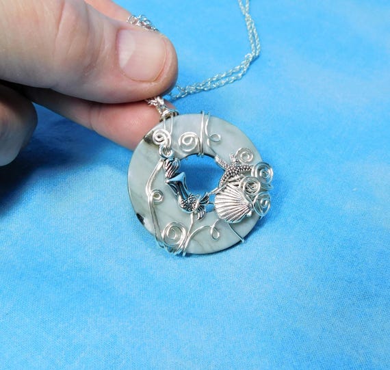 Artistic Mermaid Necklace, Unique Artisan Crafted Under the Sea Beach Theme Pendant, Silver Wire Wrapped Handmade Wearable Art Jewelry Gift