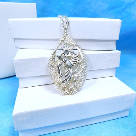 Artisan Crafted Hummingbird Necklace, Unique Wire Wrapped Artistic Pendant, Handcrafted Bird Theme Wearable Art Jewelry Present for Mom