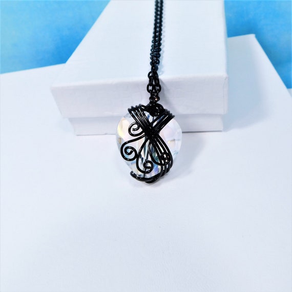 Black Wire Wrapped Crystal Heart Necklace, Unique Artisan Crafted Jewelry, Artistic Handmade Wearable Art Heart Pendant Present for Women