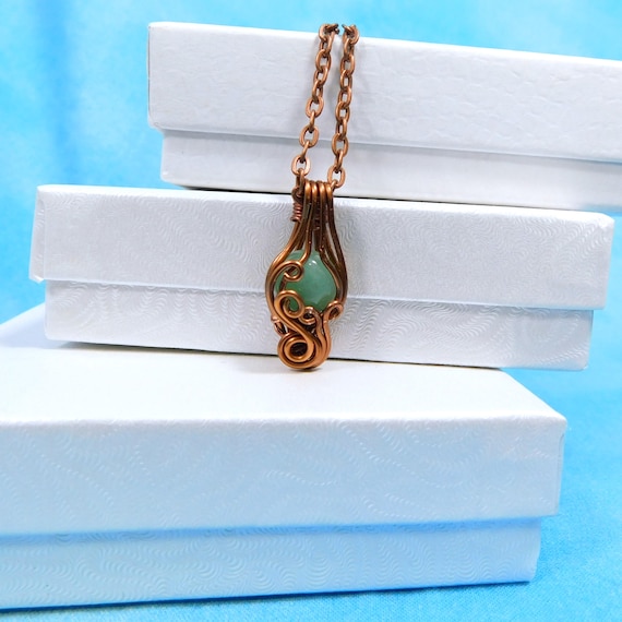 Wire Wrapped Green Jade Pendant, Woven Copper Gemstone Necklace, Unique Wearable Art 35th Anniversary Gift or Birthday Present for Wife