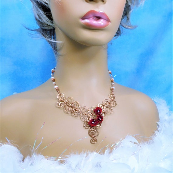 Artistic Handcrafted Copper Scroll Work Bib Necklace with Red Roses and Freshwater Pearls, Wire Statement Jewelry for Wife or Girlfriend