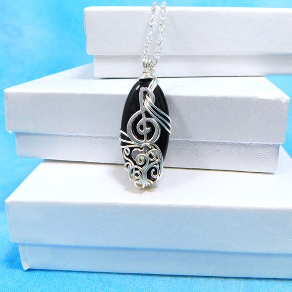 Treble Clef Necklace Gemstone Jewelry for Music Teacher, Musical Staff Black Onyx Pendant Present for Musician Pianist or Piano Player