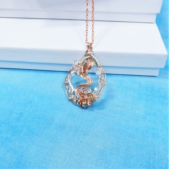 Cubic Zirconia and Rose Gold Copper Wire Wrapped Butterfly Pendant, Artistic Woven Natural Copper Necklace, Unique Wearable Art Jewelry