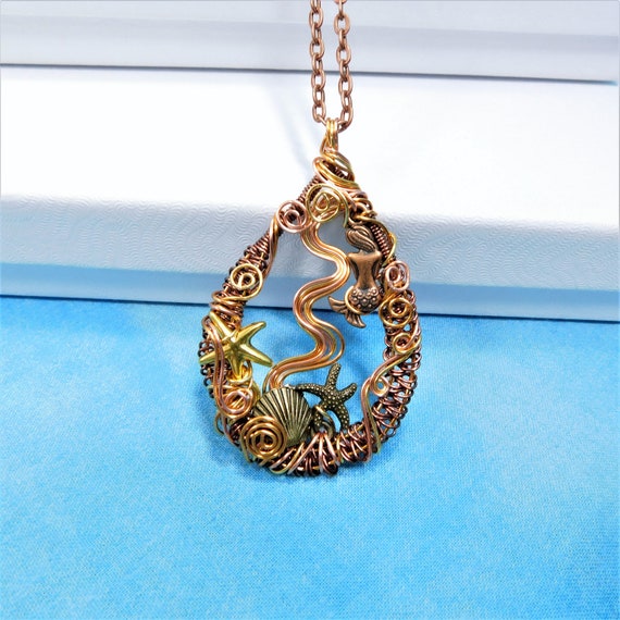 Mermaid Necklace Beach Theme Jewelry, Unique Woven Wire Wrapped Mermaid Pendant, Artistic Mermaid Theme Jewelry Present for Gift for Wife