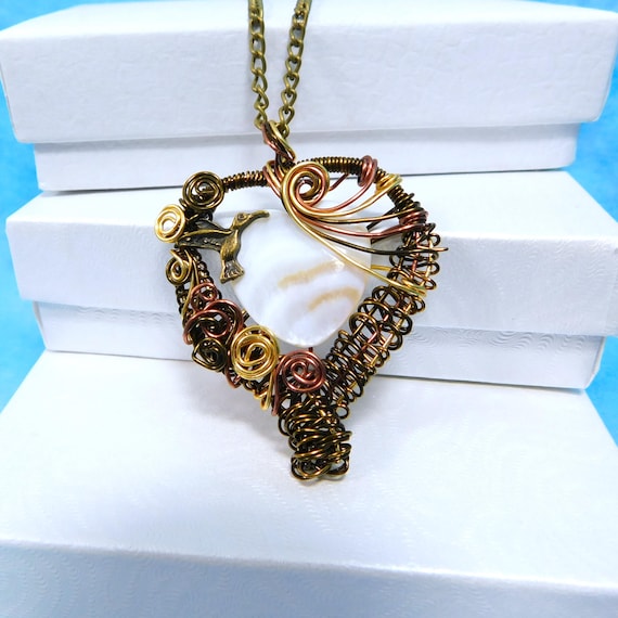 Artistic Hummingbird Jewelry, Wire Wrapped Copper Heart Pendant, Artisan Crafted Handmade Wearable Art Memorial Necklace Sympathy Gift