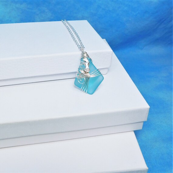 Large Blue Sea Glass Mermaid Necklace, Unique Wire Wrapped Artistic Ocean Pendant Beach Theme Jewelry Present for Wife or Daughter