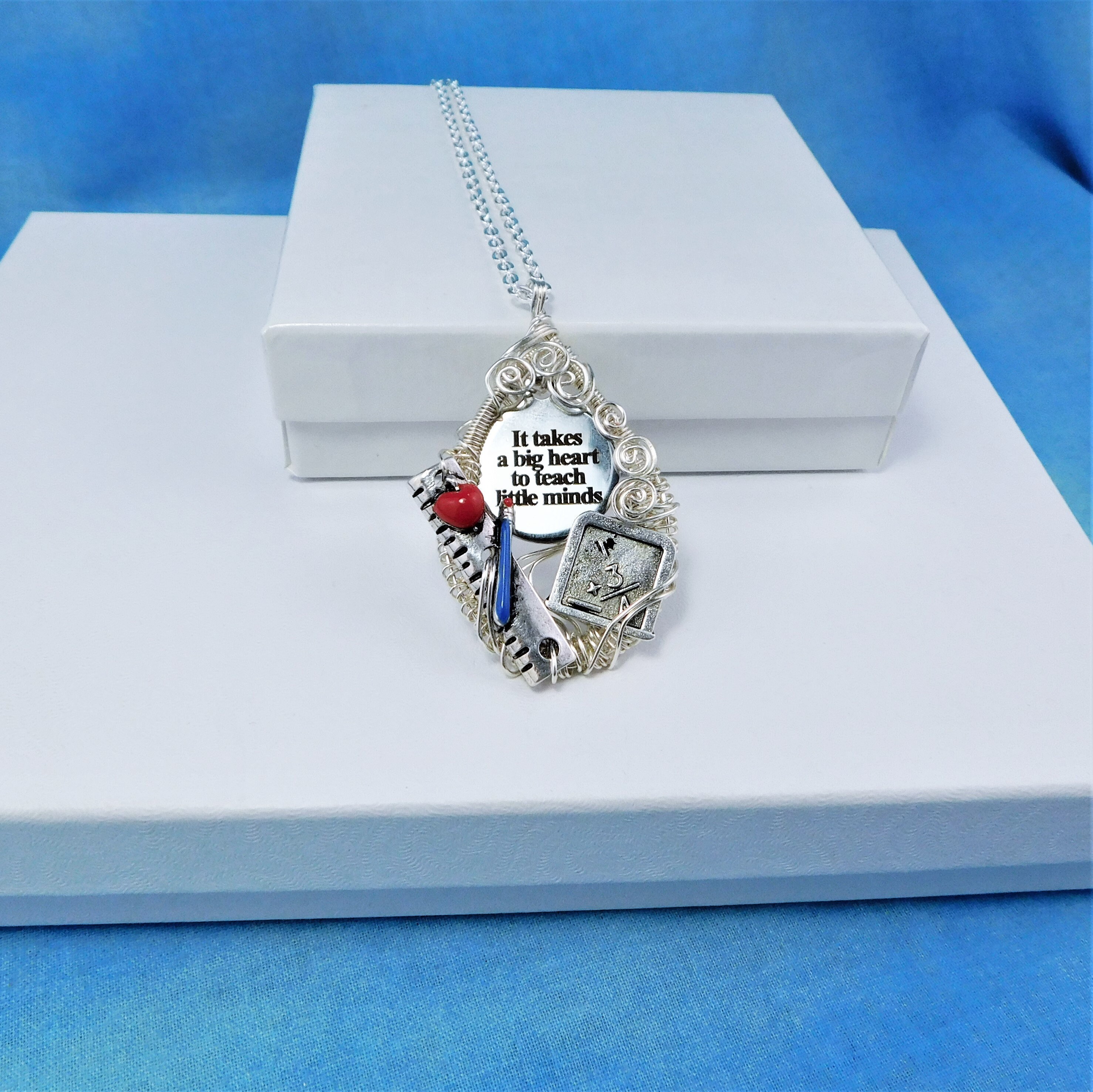 Teacher Retirement Gift Necklace School Theme Pendant, Wire Wrapped