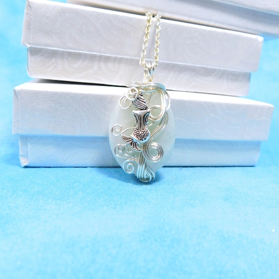 Wire Wrapped Aquamarine Pendant March Birthstone Mermaid Necklace, Gemstone Jewelry Birthday Present for Wife, Girlfriend or Best Friend