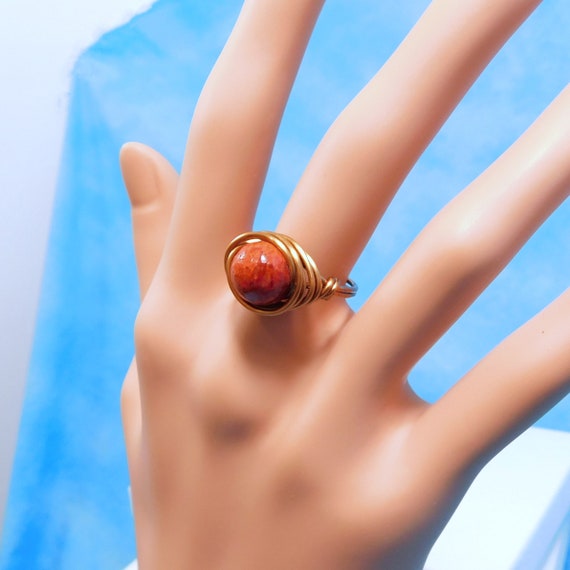Copper Wire Wrapped Bamboo Coral Ring for Women, Wearable Art Jewelry Gift for Girlfriend or Wife, Unique Last Minute Stocking Stuffer Idea