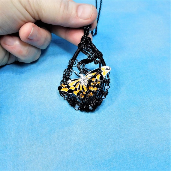 Black Butterfly Necklace, Wire Wrapped Statement Pendant, Artistic Handcrafted Wearable Art, One of a Kind Jewelry Anniversary Present