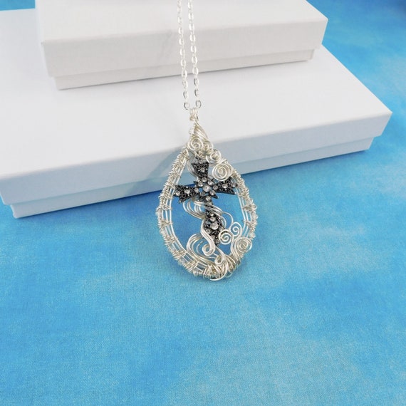 Christian Cross Pendant, Inspirational Womens Gift Necklace, Religious Jewelry, Wire Wrapped Artisan Crafted Spiritual Theme Present for Mom