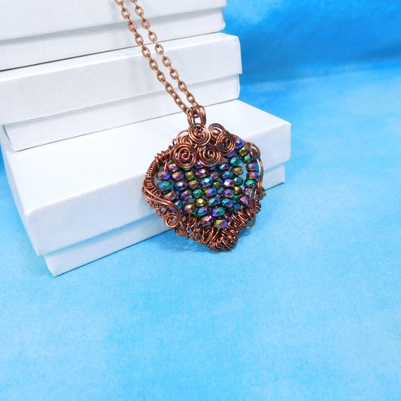 Hematite Necklace Unique Woven Wire Wrapped Beaded Copper Heart Pendant Anniversary Gift or Birthday Present for Women