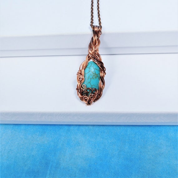 Turquoise Magnesite Pendant, Copper Wire Wrapped Artistic Gemstone Necklace Unique 7th Anniversary Gift Jewelry for Wife or Girlfriend