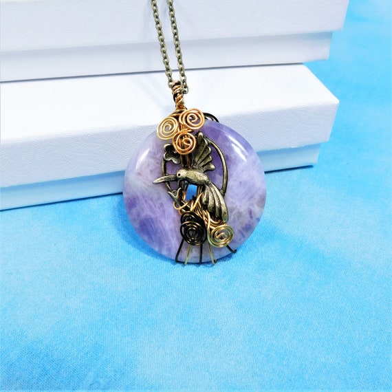 Copper Wire Wrapped Amethyst Pendant with Hummingbird, February Birthstone Necklace Birthday Present, Gemstone Jewelry 7th Anniversary Gift