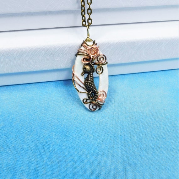 Seahorse Necklace, Unique Wire Wrapped Mother of Pearl Sea Life Pendant, Ocean Theme Wearable Art, Artistic Nautical Beach Jewelry for Women