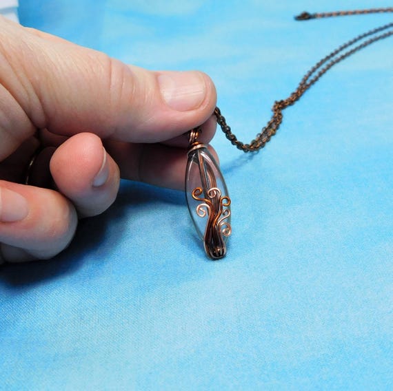 Wire Wrapped Rustic Copper Jewelry, Artistic Handcrafted Wrapped Glass Pendant, One of a Kind Wearable Art Necklace Unique Gift for Women